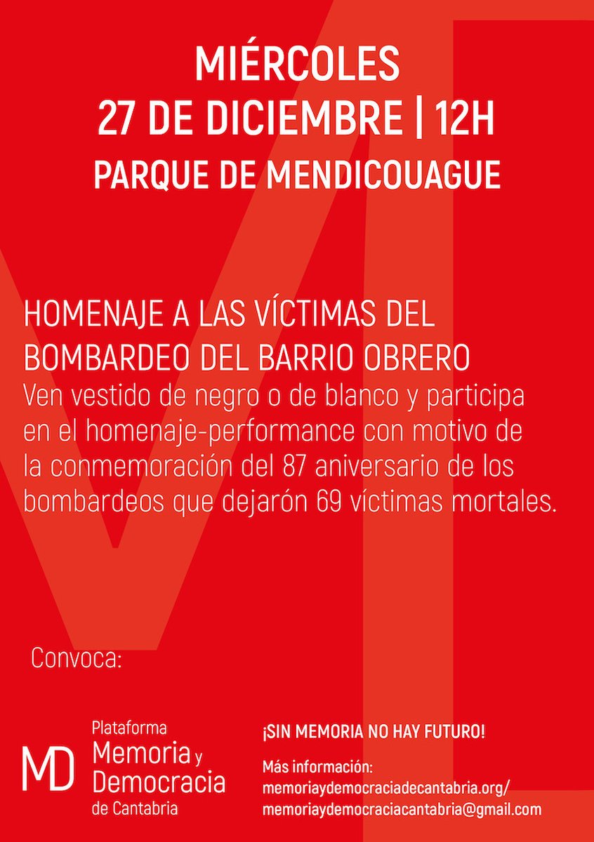 Hoy nos vemos a las 11:45 en el Parque Mendicouague para el homenaje-performance que haremos a las 12h a las víctimas del bombardeo nazi-franquista sobre el Barrio Obrero del 27 de diciembre de 1936. ¡No faltes!