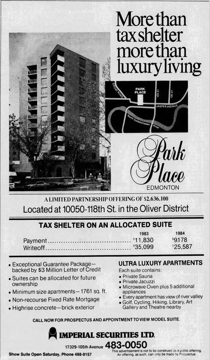 December 27, 1983 and it's More Than A Tax Shelter And Luxury Living at Vintage Edmonton: 
vintageedmonton.com/2023/12/decemb…
#yeg #yeghistory #yegheritage #edmonton #taxshelter