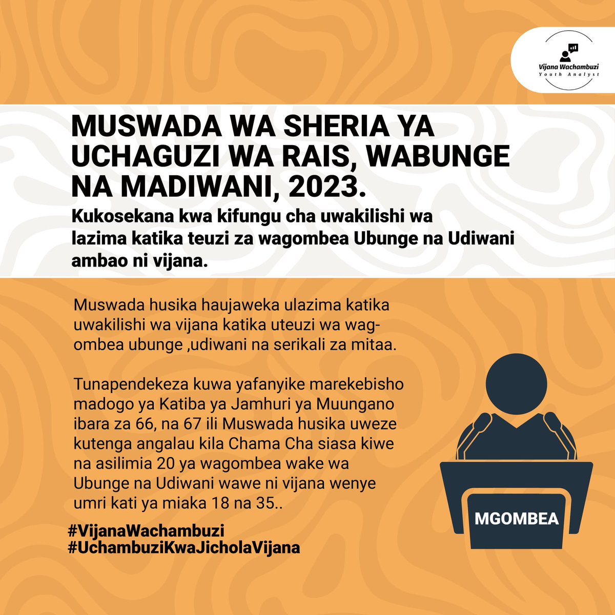 NyangubuYessy's tweet photo. Tunapendekeza yafanyike marekebisho
madogo ya Katiba ya TANZANIA
ibara ya 66 na 67 ili Muswada wa uchaguzi uweze
kutenga kila Chama Cha siasa kiwe na
20% ya wagombea wa Ubunge na
Udiwani vijana wenye umri wa
miaka 18-35. #MiswadaYaSiasaNaUchaguzi 
#Vijanawachambuzi https://t.co/Ea49UP8mTU