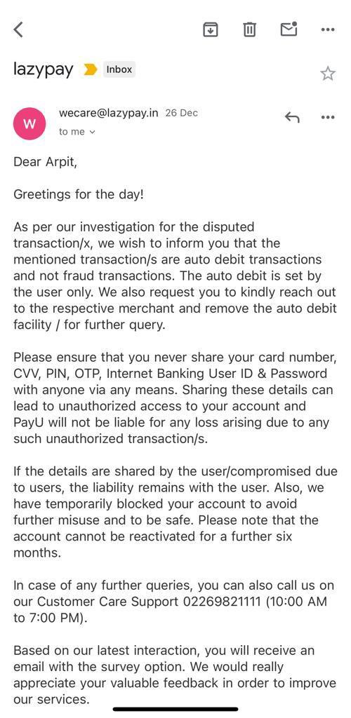 arpitmakkar's tweet photo. @Lazy_Pay @PMOIndia @CybercrimeCID @RBI I have already shared it before, and this is the support I am getting. Just answer one question, are all the victims escalating the exact same issue around the exact similar timeline, at fault? https://t.co/pimwQKDrI1