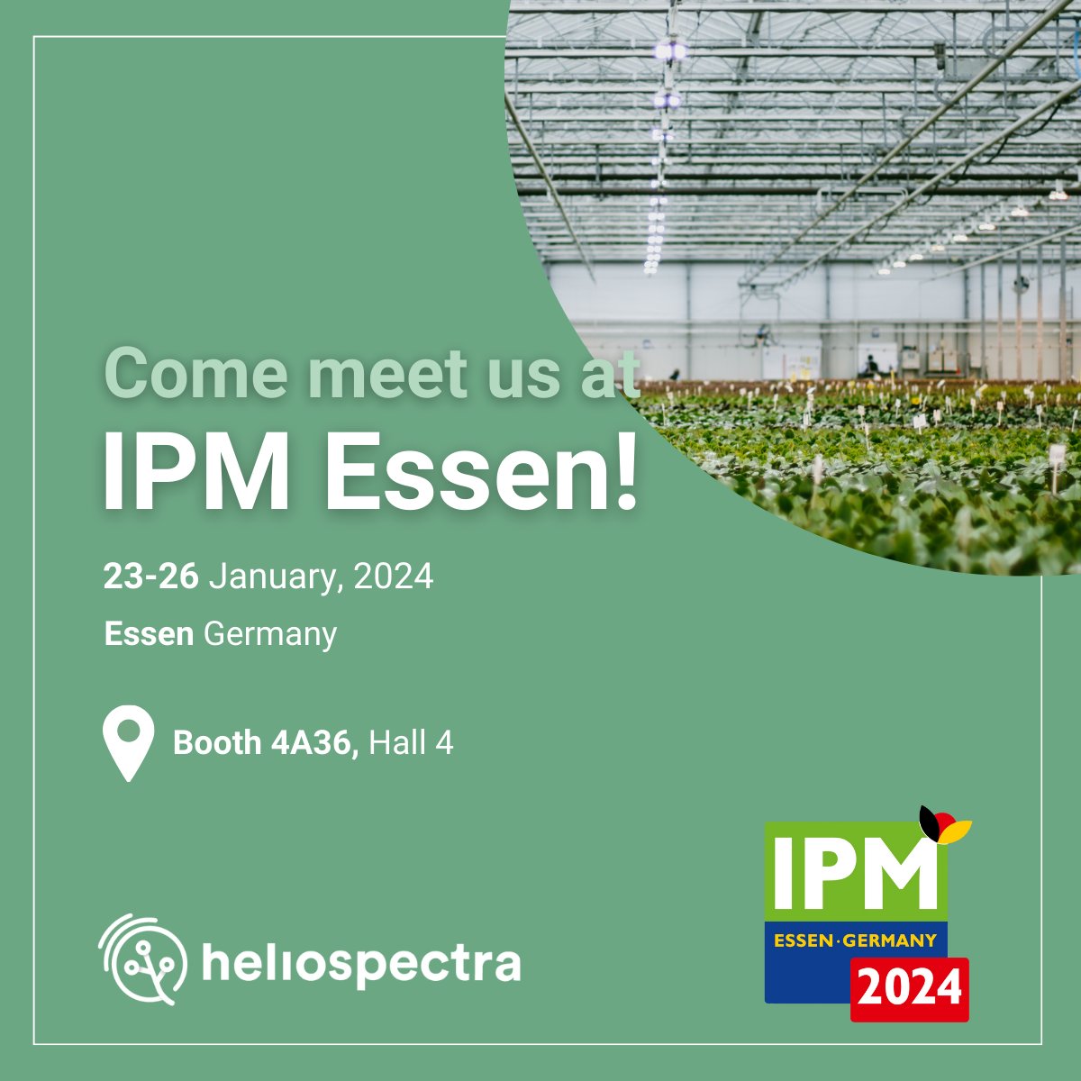 Heliospectra's tweet image. We are thrilled to announce our presence at #IPMEssen in Germany in January 2024! Join us for insightful conversations and a look at our #LEDtechnology and #smartlighting systems. We look forward to meeting you! 🌱