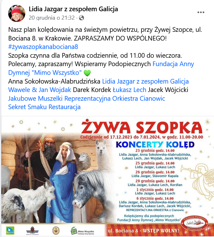 Zaproszenie od #LidiaJazgar z zespołem Galicja na kolędowanie przy Żywej Szopce, ul. Bociana 8 w #Kraków. #BozeNarodzenie