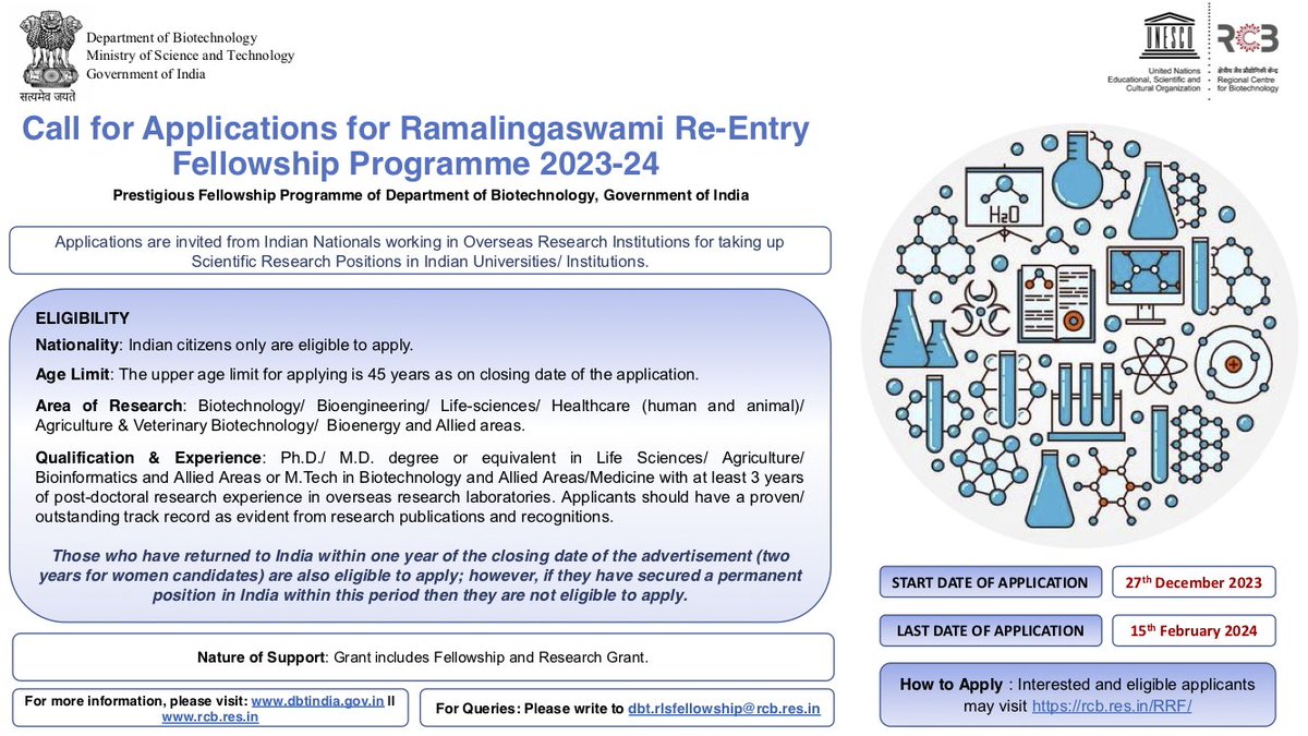 DBT Ramalingaswami Re-entry Fellowship (RRF) Call for applications 2023-24 is announced. Please visit DBT website (dbtindia.gov.in) and @unescorcb website (rcb.res.in) for more information.