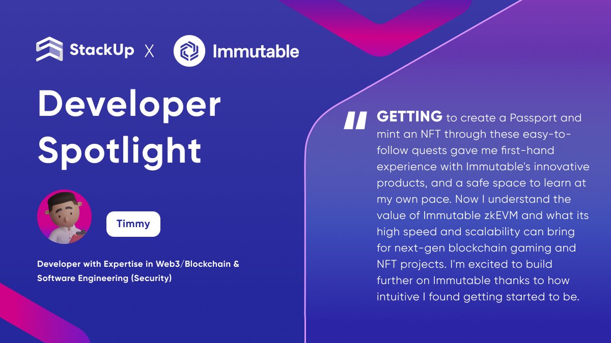 StackUpHQ's tweet image. ✨ #Devspotlight: Through our campaign with @Immutable, @TimmyCwesi experienced first-hand how #Immutable’s #zkEVM &amp;amp; Passport unlocks possibilities for next-gen #blockchain #gaming with its high speed &amp;amp; scalability.

We can&apos;t wait to see what else he&apos;ll build on Immutable! 🚀