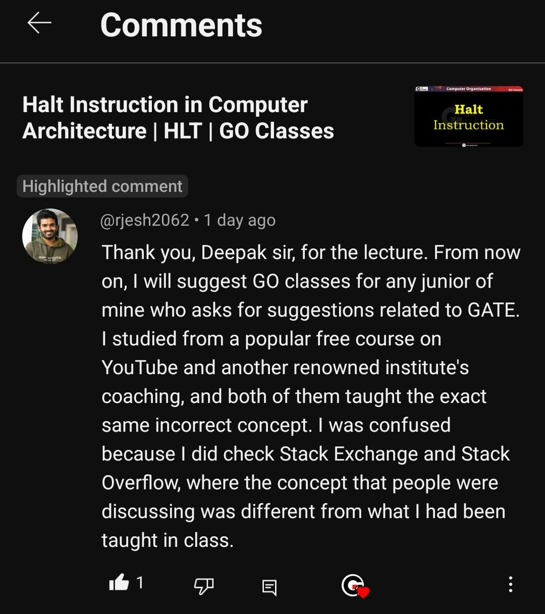 DeepakkPoonia's tweet image. Remove Misconceptions. Learn concepts based on Standard Resources.
Join @GOClasses_CSE for BEST Quality GATE CSE Complete Course.
▪️Halt Instruction in Computer Architecture Lecture:
youtu.be/D6mjFhYkgNg?fe… ✅
#halt #computerarchitecture #gatecse #goclasses #feedback