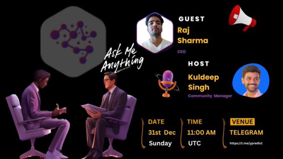 yPredictT's tweet image. 🚀 Brace yourselves for a thrilling revelation! 🌟

Mark your calendars for an Ask Me Anything (AMA) on December 31st, kicking off at 11:00 AM UTC. 🗓️

🎙️ Featured Guest: Raj Sharma (Mastermind and CEO at yPredict) 
🎙️ Your Enthusiastic Host: Kuldeep Singh (Our Community Maestro)