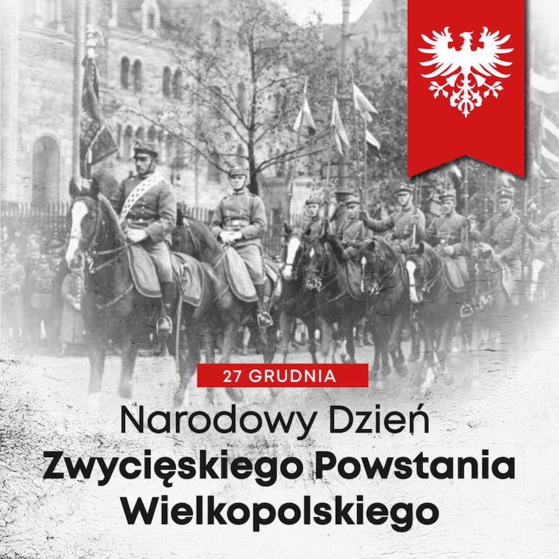 27 XII 1918 r. w Poznaniu rozpoczęło się #PowstanieWielkopolskie. Zwycięski zryw niepodległościowy, który przyniósł Wielkopolanom wolność i wpisał kolebkę państwa polskiego do odrodzonej Rzeczypospolitej. 105 lat później wspominamy bohaterstwo naszych Rodaków 🇵🇱 #pamiętamy