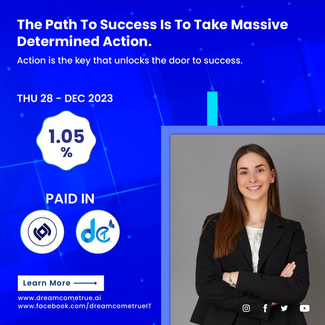 The path to success is to take massive determined action.

Action is the key that unlocks the door to success.

By fully committing to our vision and being accountable, we can create momentum that propels us toward achieving our goals.

Visit us at dreamcometrue.ai

#DCT