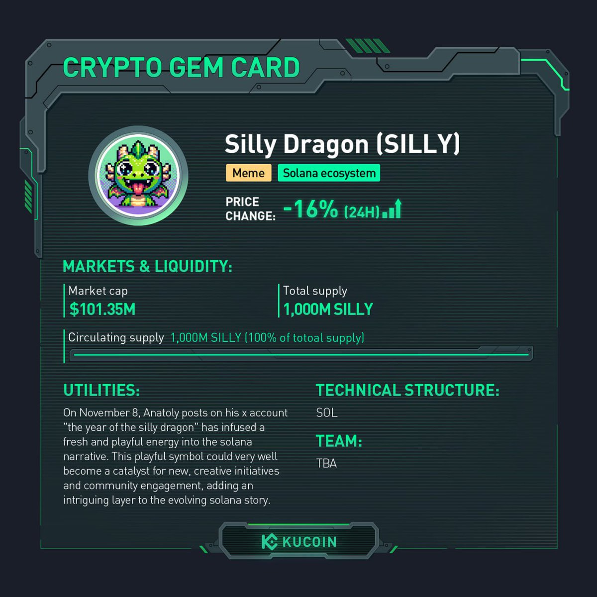 SILLY trading is now live on #KuCoin! 🚀SILLY/USDT: https://t.co/1rxPLRPWcQ  Find out more about Silly Dragon in #KuCoinCryptoGem card. #Meme  #SolanaEcosystem