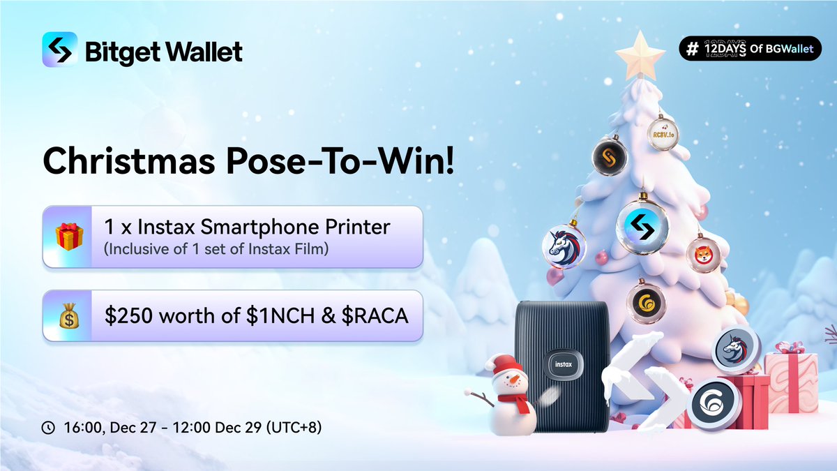 BitgetWallet's tweet photo. 🎄✨ 'Tis the season for joy and giving in our #12DaysofBGWallet celebrations! The festivities haven't ended yet! Santa has something juicy for you today too! Ready to make your digital photos come to life?
🏆 1 x Instax Smartphone Printer (inclusive of 1 set of Instax Film) + $250 worth of $1INCH & $RACA tokens
All you have to do:
1️⃣ Follow @BitgetWallet + @Shibtoken + @1inch + @unisat_wallet + @RACA_3 + @rcsvio
2️⃣ Take a photo with these projects' tokens on Bitget Swap or Bitget Wallet's DApps opened on your phone and use your XMAS tree as a background📱 Post it in the comments!
3️⃣ RT and include your Bitget Wallet EVM address!
⏰ 16:00, Dec 27 - 12:00 Dec 29 (UTC+8)