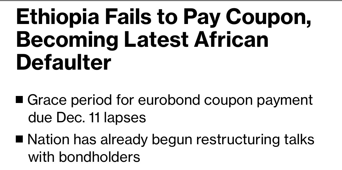 MohaAddow's tweet image. Ethiopia has become the latest African nation to default on its debts after it missed an interest payment on Monday. The government chose not to pay the $33 million coupon because it wants to treat all creditors equally.