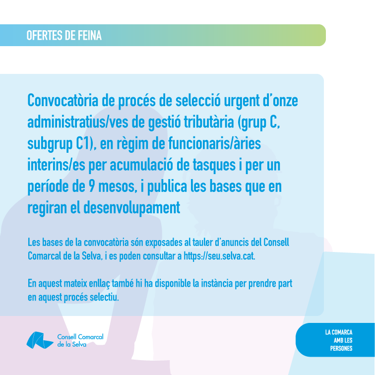 comarcaselva's tweet photo. El @comarcasela convoca el procés de selecció urgent d’onze administratius/ves de gestió tributària (grup C, subgrup C1), en règim de funcionaris/àries interins/es per acumulació de tasques i per un període de 9 mesos. Les bases es poden consultar a https://t.co/ajZZsuPfsL. https://t.co/20ymgGm732