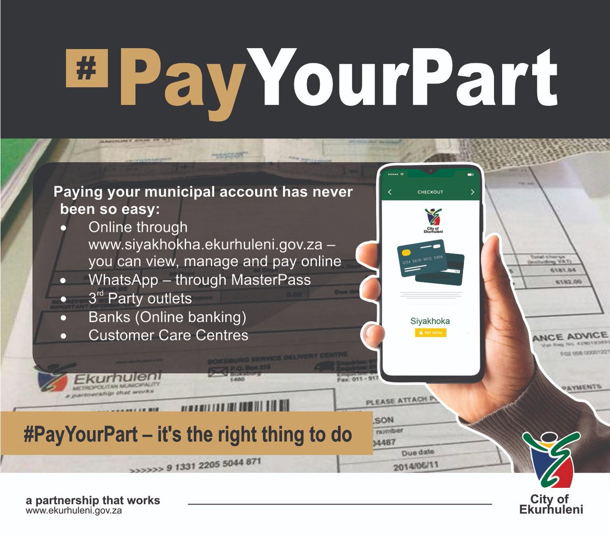 City_Ekurhuleni's tweet image. Simplify your municipal payments with ease! Visit siyakhokha.gov.za for seamless online viewing, management, and payments. 📱 Pay through WhatsApp using MasterPass, 💳at 3rd party outlets, 💻via online banking with banks, or reach out to Customer Care Centers. #PayYourPart