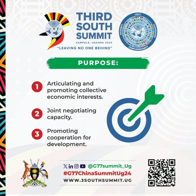 mugumew29's tweet image. Purposes of the #G77ChinaSummitUg to champion collective economic interests, enhance negotiation prowess, and foster cooperative development. 🤝📈 #EconomicUnity
