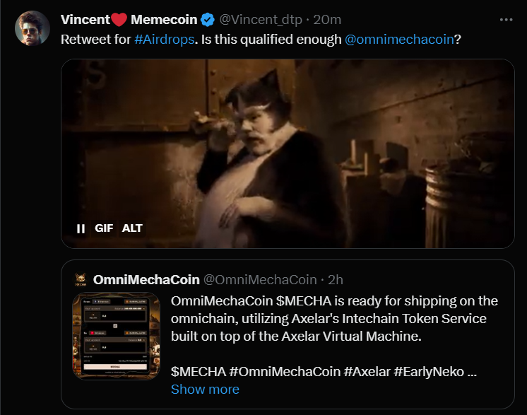OmniMechaCoin's tweet photo. $MECHA is ready! Are you ready to collect your memepoints hoomannnn? Stay tuned for detail at https://t.co/6pbXB2nfw8

$MECHA #OmniMechaCoin #Axelar #EarlyNeko #Airdrop #MECHAarmy https://t.co/rLxK1nYZFl