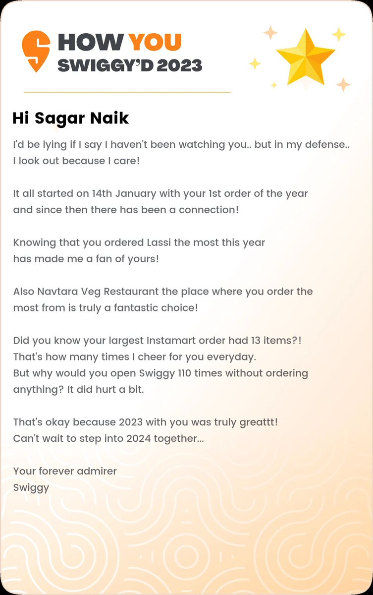 Swiggy wrote a really nice letter to me! Go check out How India Swiggy'd 2023 and find out more - swiggy.onelink.me/888564224/qpdj… swiggy.onelink.me/888564224/qpdj…