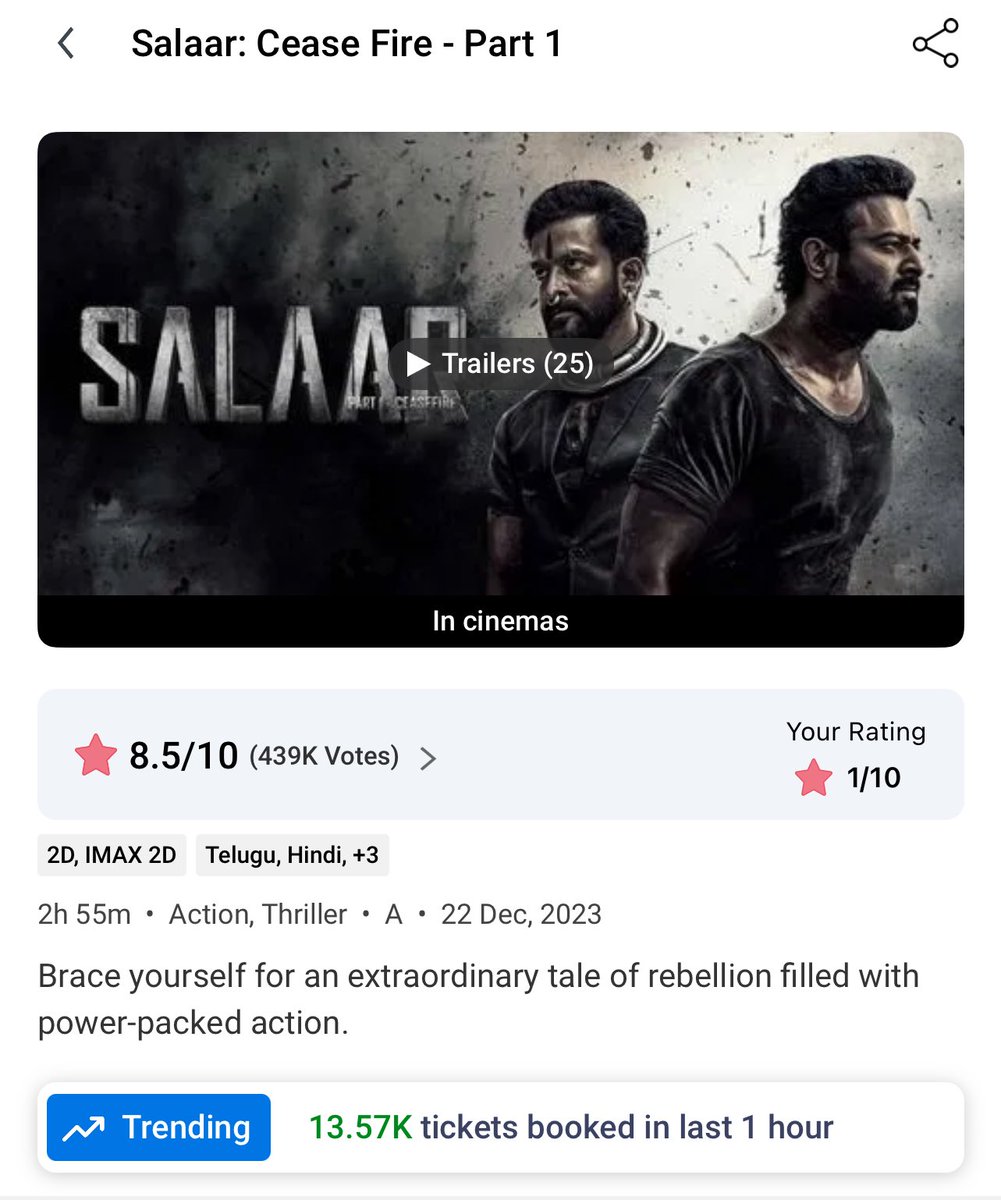 SrkianDas04's tweet photo. Pan India Action Movie in 5 Languages selling tickets by a few margin than Single Language film. But #Salaar    Hindi collection will be equal to #Dunki.

SCAMMER SALAAR CRUSHED 
#SalaarBoxOfficeScam https://t.co/1Gx90rOLAV