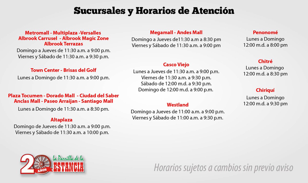Horarios de nuestras 22 sucursales a nivel nacional. 
¡Ven a visitarnos!