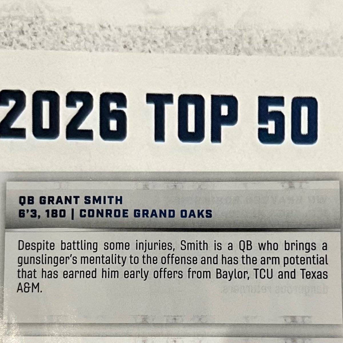 Grant Smith QB ✞ (@grantsmithtexas) on Twitter photo Honored to be ranked in the Top 50 2026 football players by <a href="/dctf/">Dave Campbell's — TexasFootball.com</a>. Thank you!
<a href="/GOaksFootball/">Grand Oaks Football</a> Honored to be ranked in the Top 50 2026 football players by <a href="/dctf/">Dave Campbell's — TexasFootball.com</a>. Thank you!
<a href="/GOaksFootball/">Grand Oaks Football</a>
