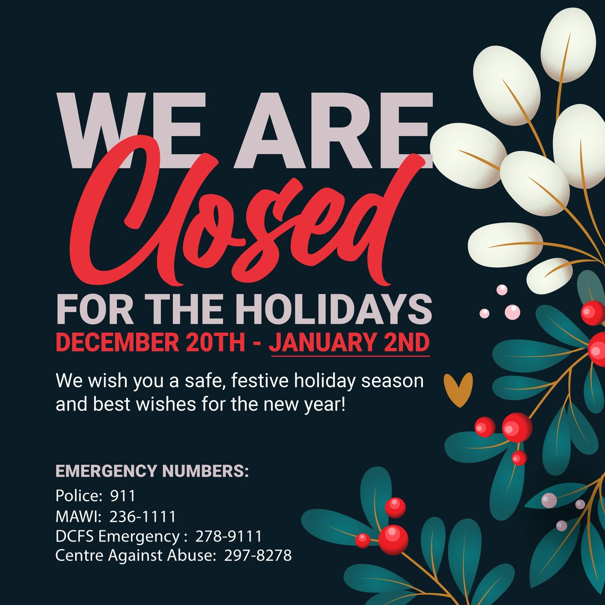 coalitionbda's tweet photo. Please note the Coalition for the Protection of Children is closed for the holidays, resuming operation on Tuesday, January 2nd, 2024. We wish you and your family a safe and joyous holiday season and look forward to serving you in 2024. https://t.co/k491eRWIO6