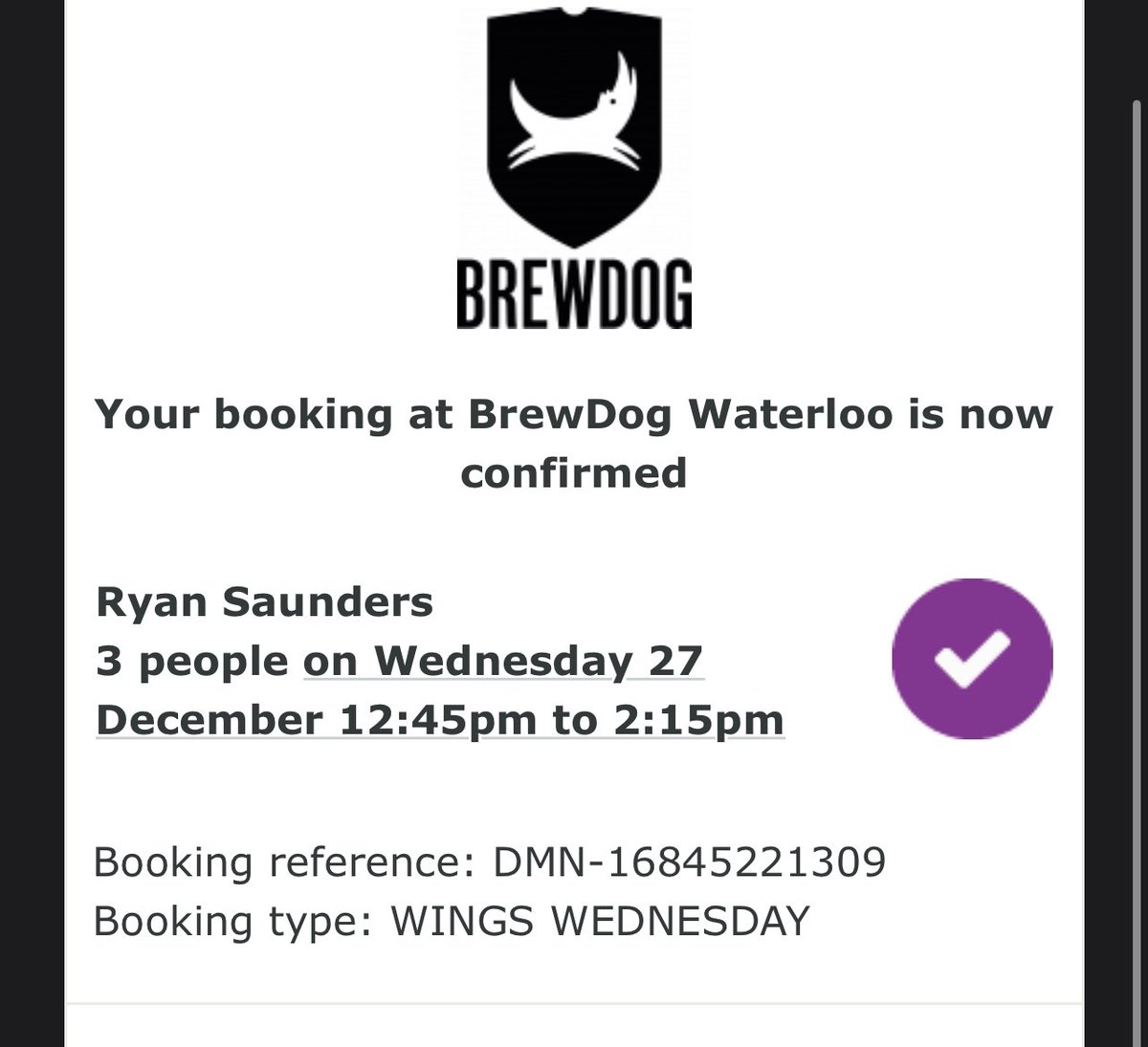 RJSaunders17's tweet photo. @BrewDog was looking forward to my Wings Wednesday today 😢 

Just got to Waterloo and been told that you’re not doing it during the festive period, but was able to pre-book https://t.co/SI2b3AJ0c9
