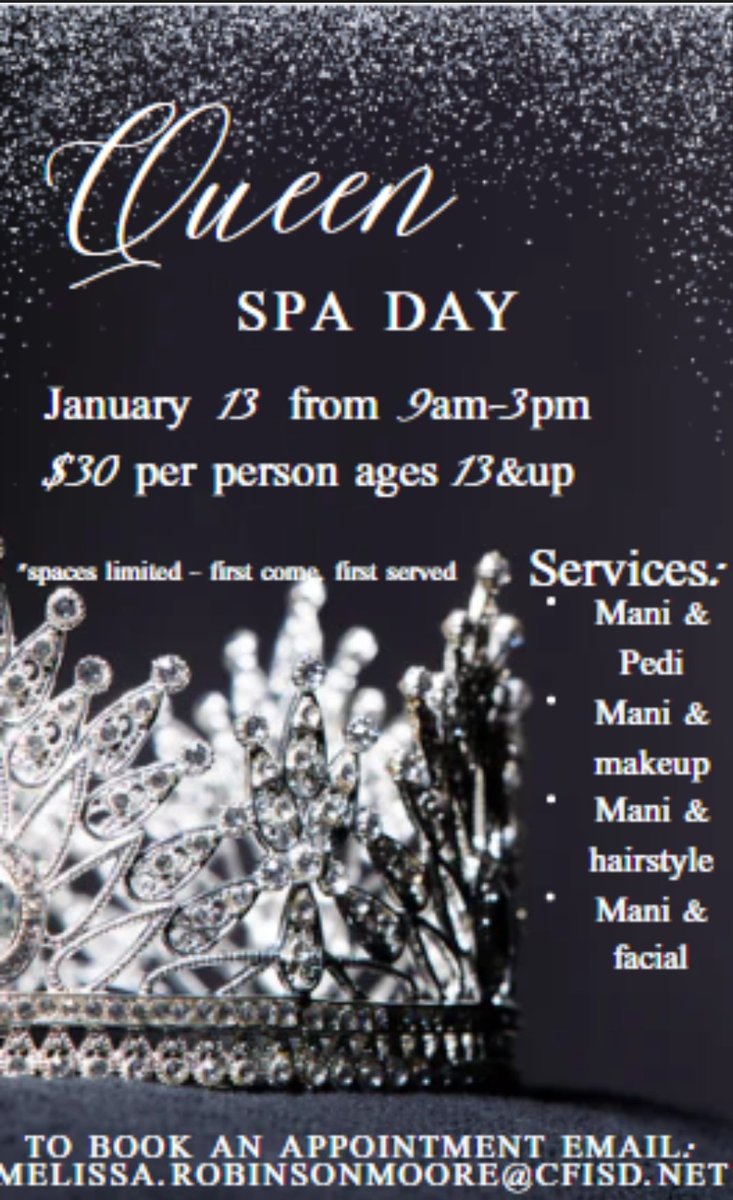 Calling all Queens! come on join us on January 13th for a relaxing Spa day with our amazing cosmetology department! To book an appointment contact: melissa.robinsonmoore@cfisd.net! #bridgelandbest #cfisdforall #cfisdspirt #bridgeland #fairfeild #cypresstx
