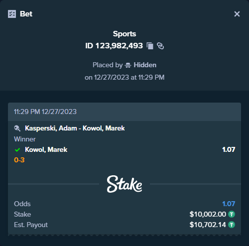 stakehighroller's tweet photo. ALERT: New high roller bet posted!
A bet has been placed for $10,002.00 on Kasperski, Adam - Kowol, Marek to win $10,702.14.
To view this bet or copy it https://t.co/BPbpLvixbb https://t.co/ZaY3blUgjQ
