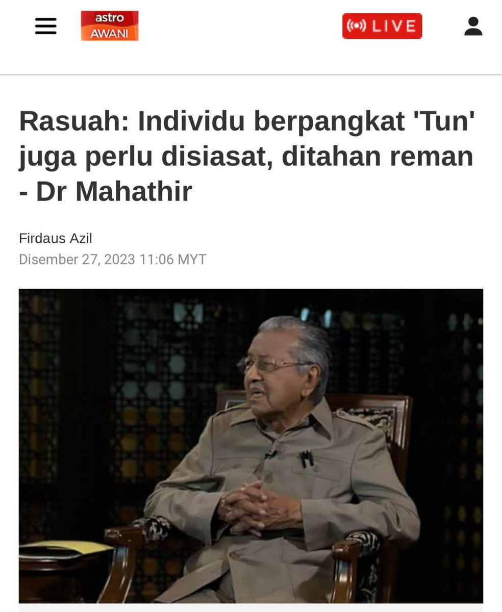 shamsuliskandar's tweet photo. SETUJU DENGAN KENYATAAN SEMUA YANG BERPANGKAT TUN PERLU DISIASAT, TAPI RAKYAT MAHU DIMULAI DENGAN TUN MAHATHIR !

1. Kenyataan bernada sindiran Tun Dr Mahathir supaya 'tahan reman' semua orang yang memiliki pangkat Tun jika mereka enggan mendedahkan hasil kekayaan mereka, menunjukkan kesombongan sikapnya.