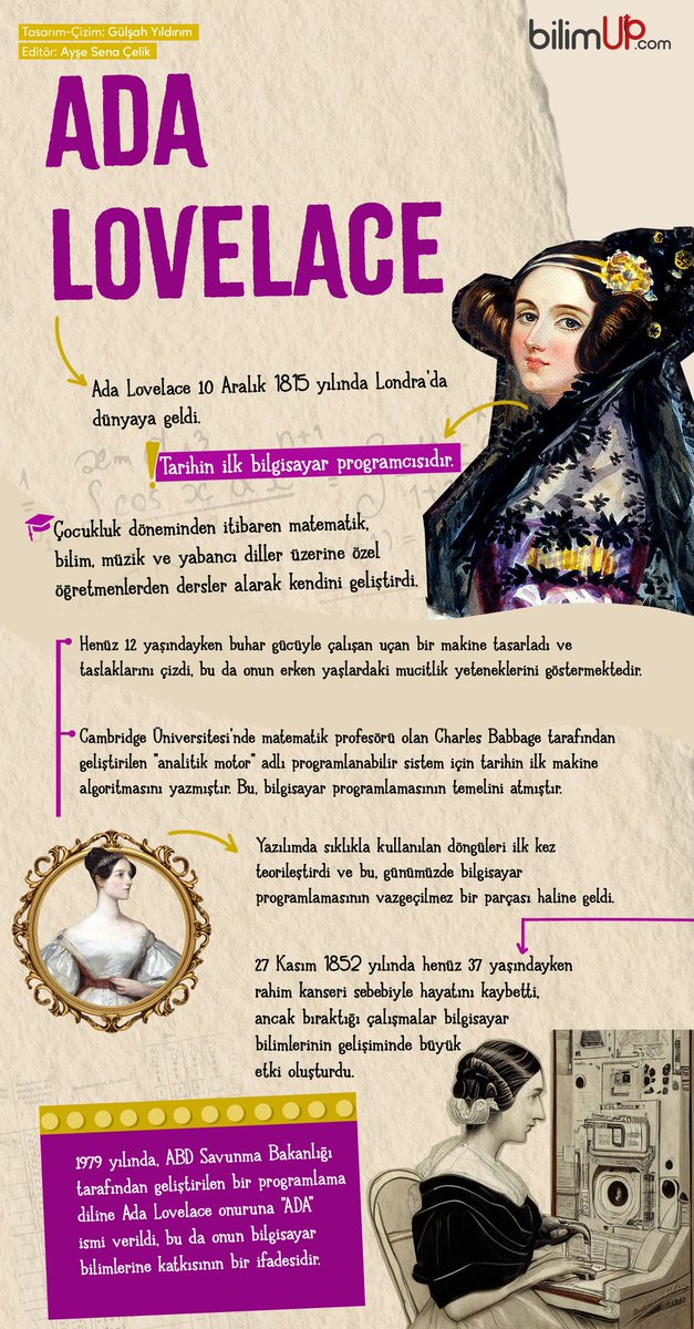 bilim_up's tweet image. Programcılığın temellerini atan, bilgisayar dünyasının ilk kadın programcısı Ada Lovelace’ın hayatına ve çalışmalarına yakından göz atalım 🙌
#adalovelace #bilgisayarprogramcılığı #program #infografi #bilim #bilimup