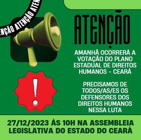 Está acontecendo agora na ALECE 27.12.2023, a partir das 10h, a votação do PLANO ESTADUAL DE DIREITOS HUMANOS- CEARÁ. 
Será uma árdua e complexa pauta! 
São 10 anos tentando... Vamos fazer acontecer juntes neste 2023 🫱🏼‍🫲🏼🫱🏼‍🫲🏼🫱🏼‍🫲🏼