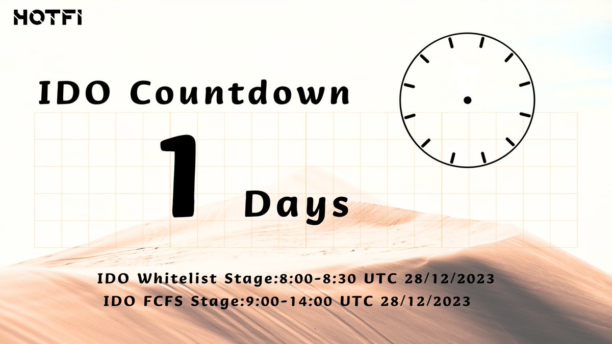 🚀 Our $HOTX #IDO lifts off at 8:00 UTC on December 28, 2023! Let's reiterate the details for this round:

⏰ Timeline:
#Whitelist Stage: 8:00 - 8:30 UTC, 28/12/2023
#FCFS Stage: 9:00 - 14:00 UTC, 28/12/2023

📊 Allocation:
#Whitelist Stage: 45%, 9,450,000 $HOTX, 4725 slots
#FCFS