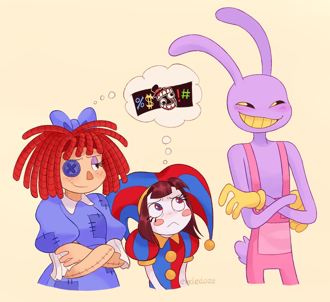 eveledoze's tweet photo. Jax has the simplest design, so he was drawn faster, but Ragata….. drawing her hair is somewhere between pleasure and torture 💀  
#tadc #TheAmazingDigitalCircus https://t.co/IPNRQKSwpS
