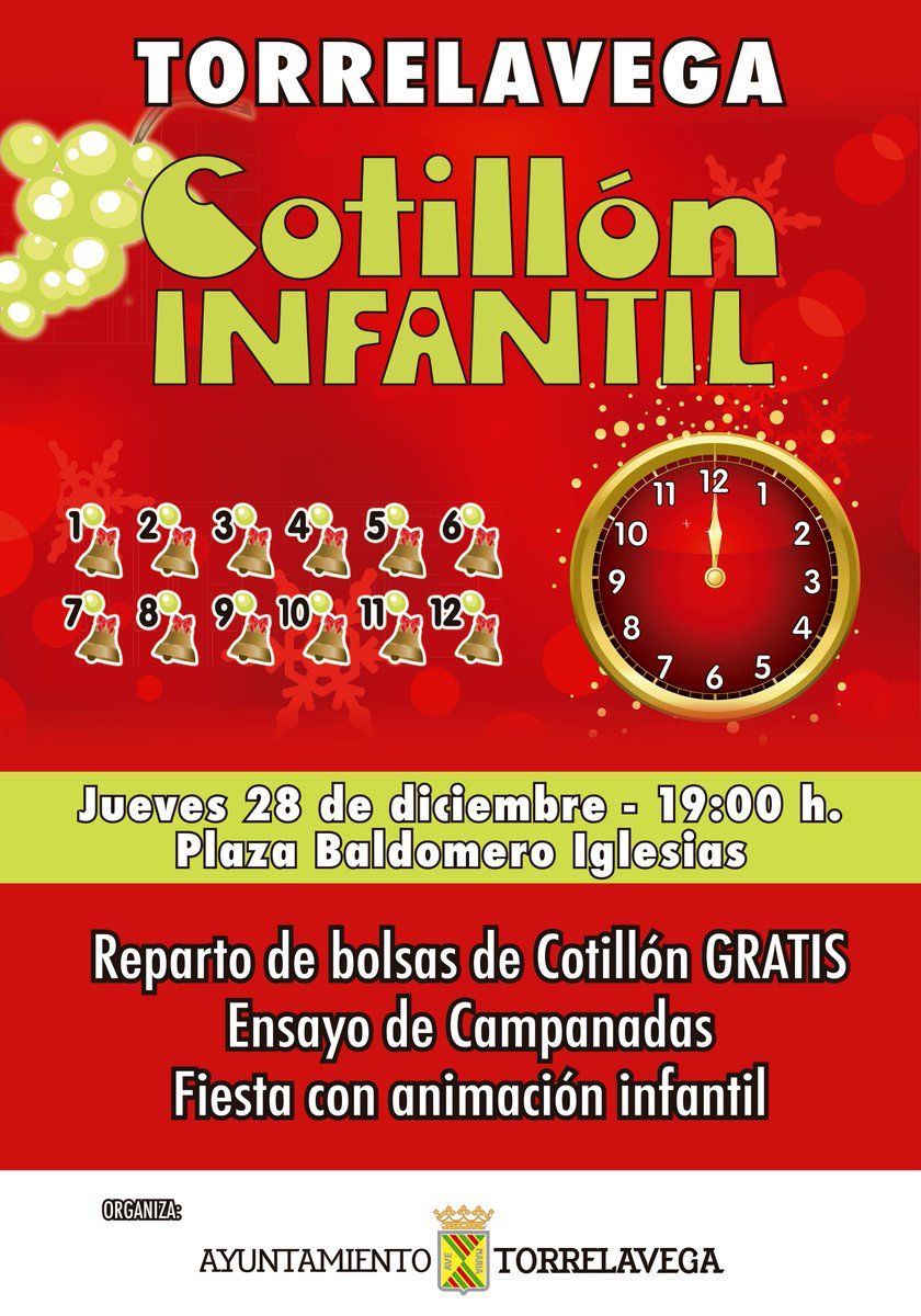 Torrelavega_es's tweet photo. 🥳🍇 Torrelavega celebra este JUEVES 28 un #Cotillón Infantil en la Plaza Baldomero Iglesias desde las 19h, con reparto gratuito de bolsas de cotillón, ensayo de Campanadas y Fiesta con Animación Infantil 
#cotillóninfantil #PlazaBaldomeroIglesias #Torrelavega #Torrelaveganízate https://t.co/QwQ76y9ywO