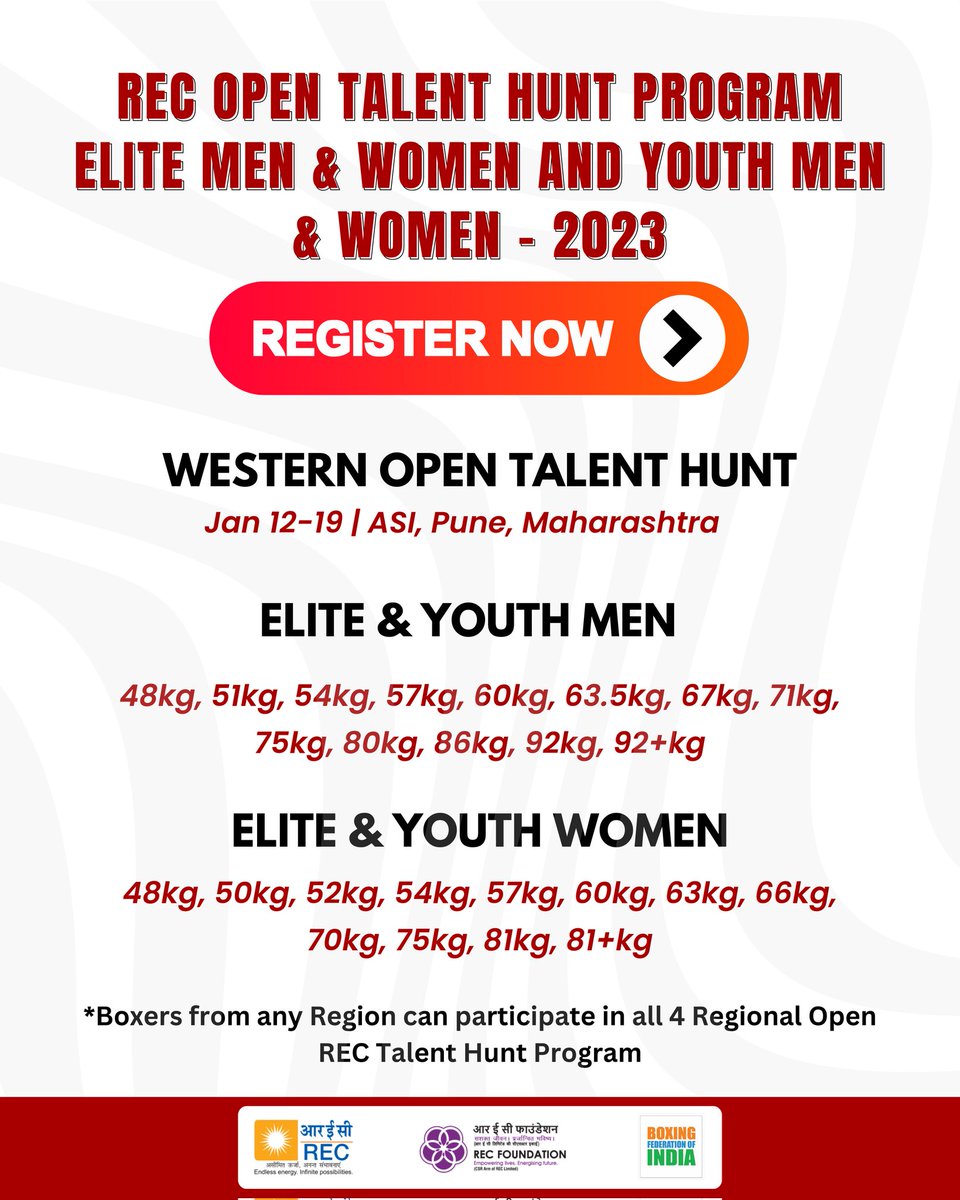 Don't think we forgot about the Elite and Youth boxers 👀 YOU DON'T WANT TO MISS THIS CHANCE 🥊💪🔥 Register now for the western leg of the REC Open Talent Hunt Programme in Pune, Maharashtra To register: bitly.ws/37oCB