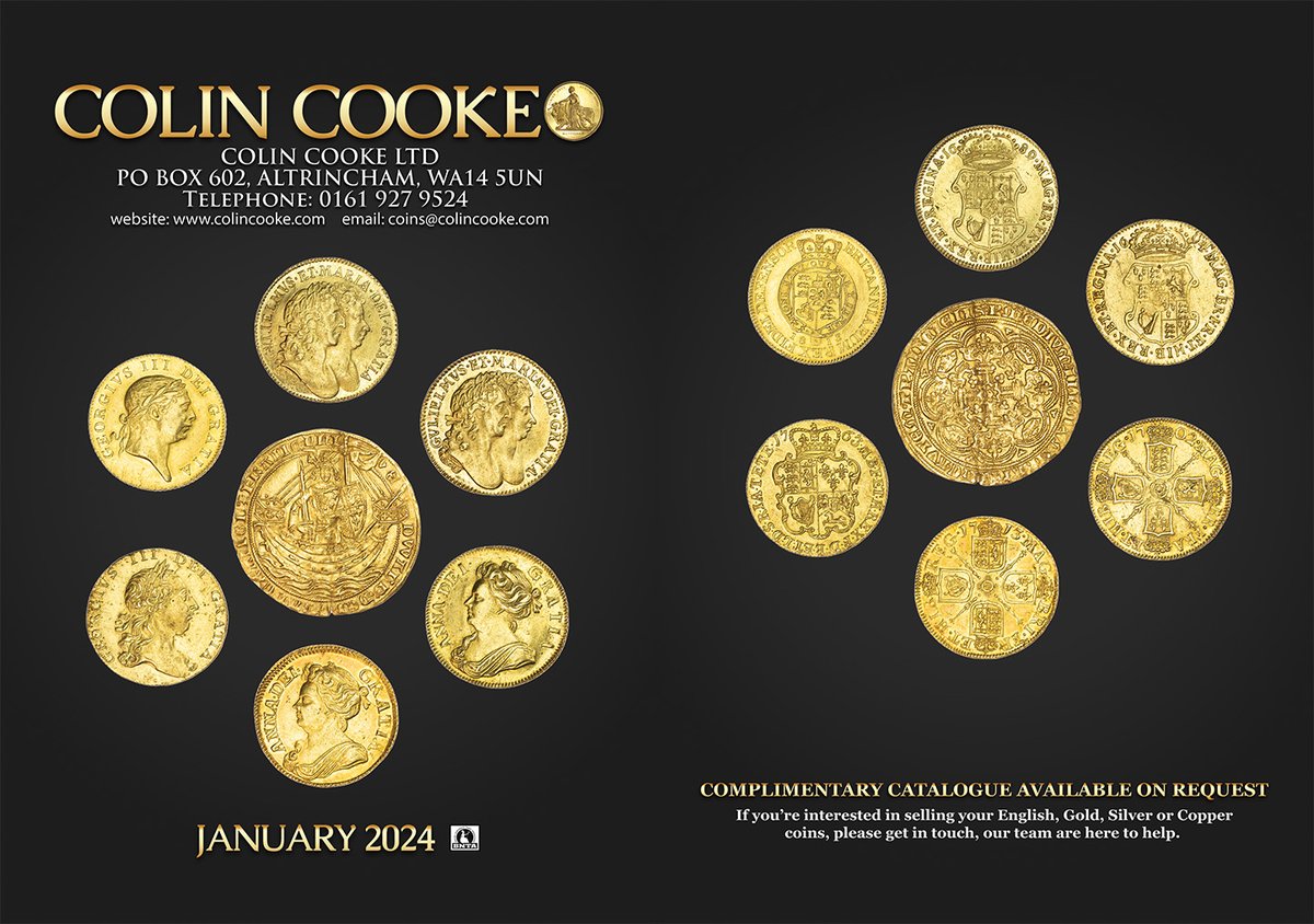 colincookecoins's tweet photo. Sneak preview of the front and back covers of our JANUARY 2024 List due out on Wednesday 3rd January 2024. Please get in touch to request a copy. #coincollecting #numismatics #halfcrowns #coins #hammeredgold #coindealer #hammeredsilver #crowns #farthings #sovereigns #Guineas https://t.co/BPG68T5VDT