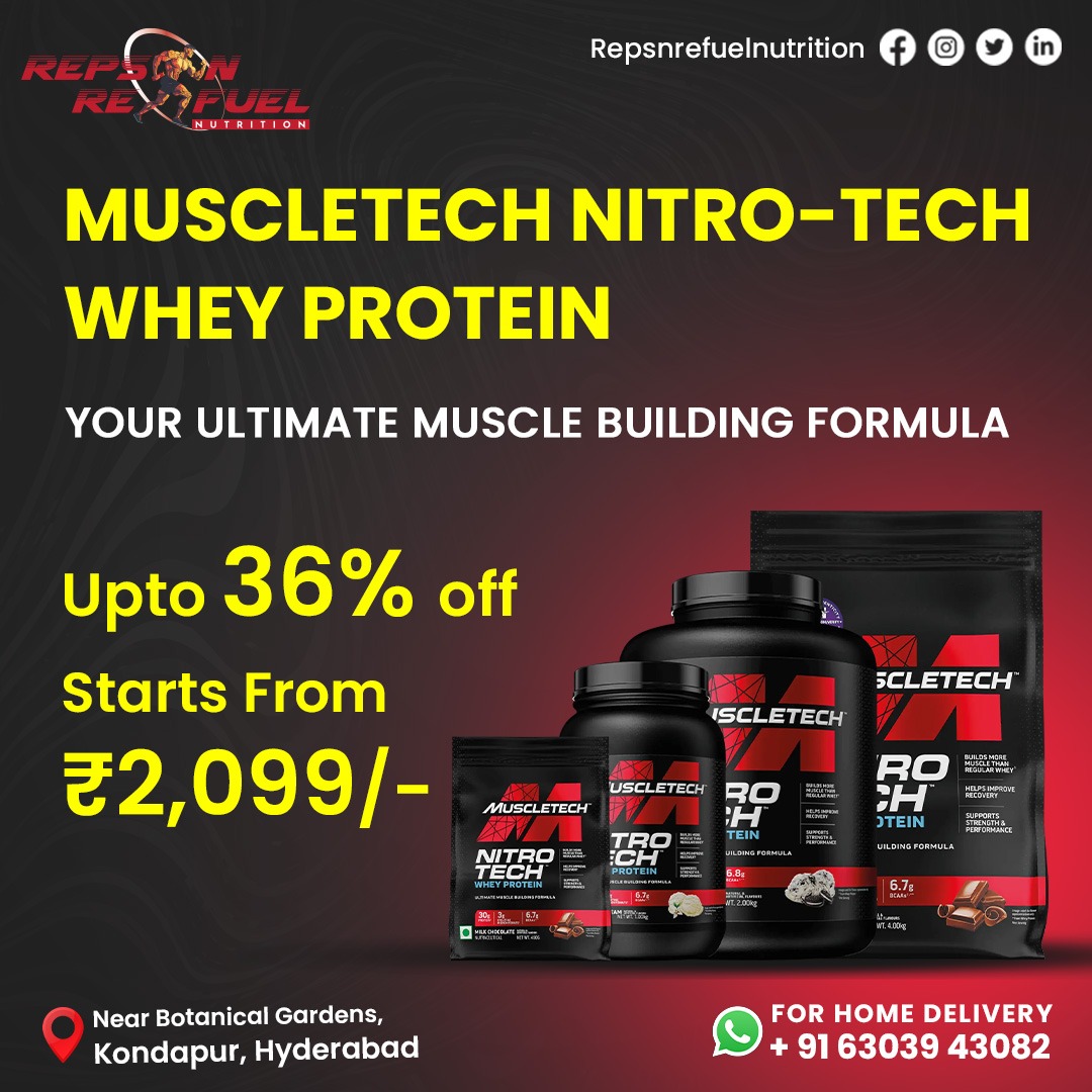 Unlock your ultimate muscle building potential with MuscleTech Nitro-Tech Whey Protein. Enjoy a generous discount of upto 36%.

#MuscleTech #NitroTech #RepsNRefuel #SpecialOffer #TopBrandsSale #Nutritionstore #Kondapur #Hyderabad #Supplements #Proteinshake