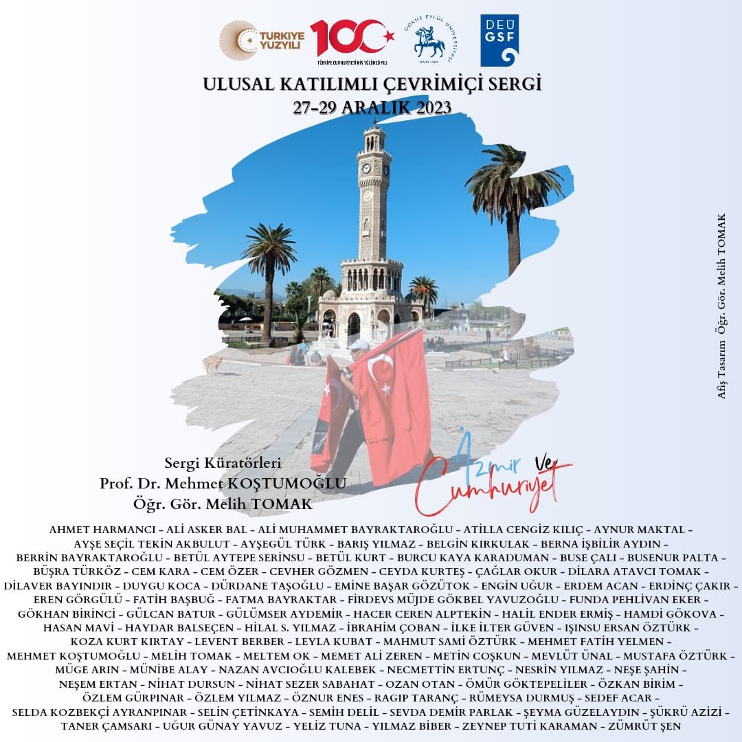 “İzmir ve Cumhuriyet” temalı görsel sanatların tüm alanlarına açık olan ulusal çevrimiçi sergimiz 27 Aralık 2023 Çarşamba günü açılmıştır. Katılım gösteren sanatçılarımıza sonsuz teşekkür ederiz. Sergimize gsf.deu.edu.tr adresinden erişim sağlayabilirsiniz.