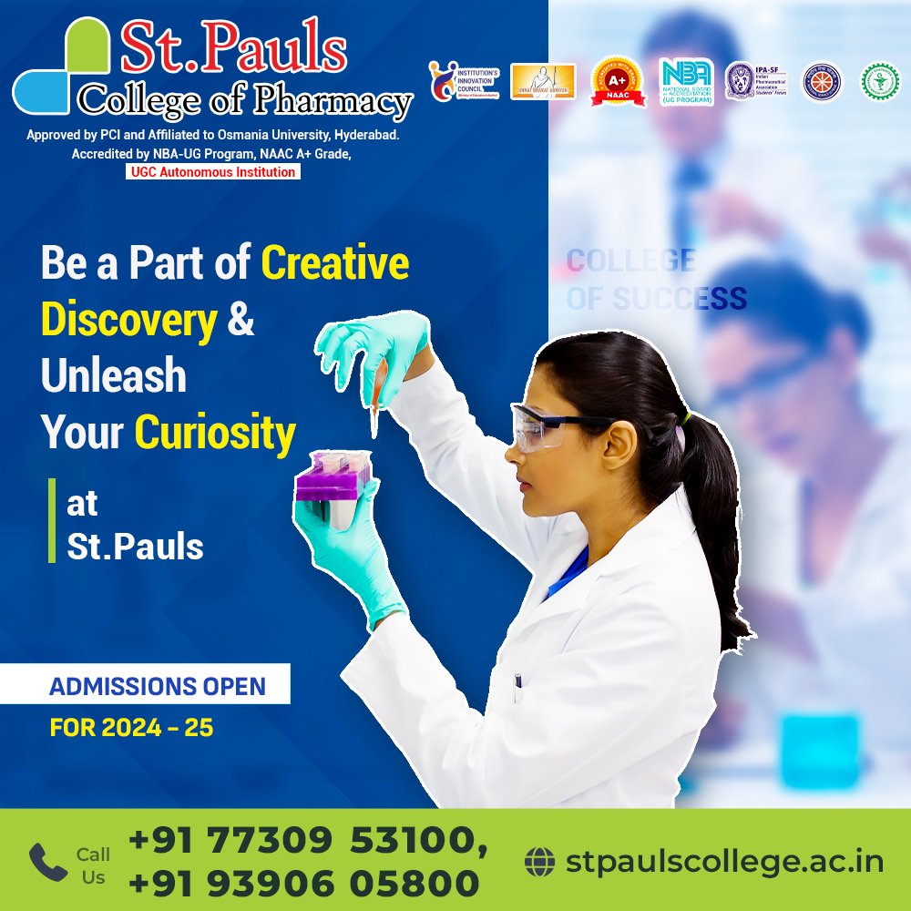 Step into a world of #Innovation & intellectual exploration at #StPauls. #Admissions are now open for 2024-25 embrace the opportunity to unleash your curiosity!

#StPaulsPharmacyCollege #AdmissionsOpen #SkillsDevelopment #AdmissionsOpen2024_25 #PharmacyCollege #Admission #Skills