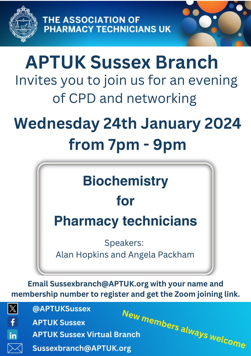 #JoinUs on 24/1/24 for an education session on Biochemistry for pharmacy technicians. Don’t miss this opportunity to get your CPD underway for 2024 and network with like-minded professionals. Email us to get the joining link! @APTUK #pharmacytechnicians #networking #CPD BOOK NOW!