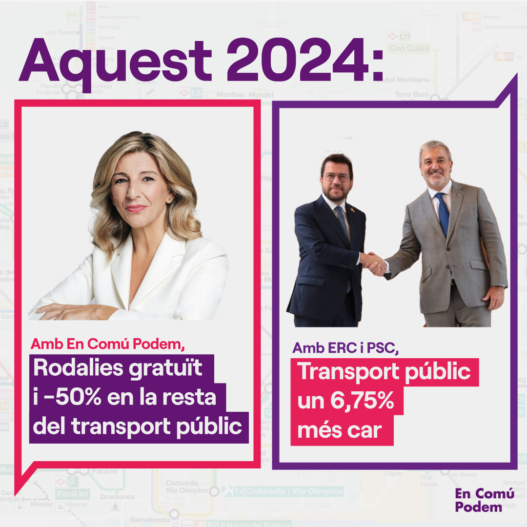 SomComuns's tweet photo. CONFIRMAT✅ el transport públic tornarà a ser protagonista el 2024🚇 gràcies al govern de coalició progressista.

Davant la crisi d'inflació i l'emergència climàtica, no ens podem posar d'esquenes a la ciutadania com han fet ERC i PSC.

Fomentar el transport públic i apostar per la rebaixa de preus és de sentit comú.