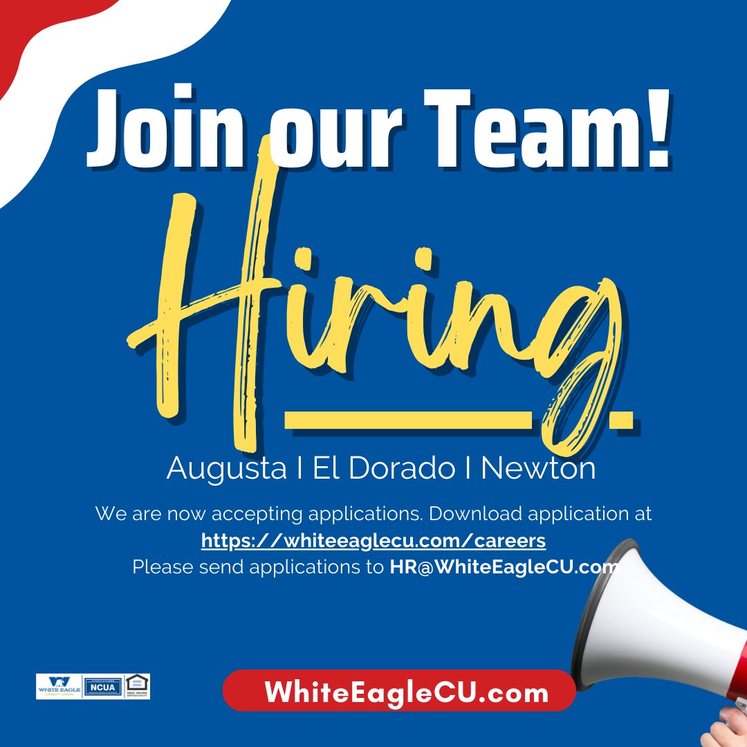 WhiteEagleCU's tweet image. Make a move in 2024 and join our Team!  We are now hiring at all our locations. Download your application and submit it with your resume to HR@WhiteEagleCU.com today.  whiteeaglecu.com/about/careers/