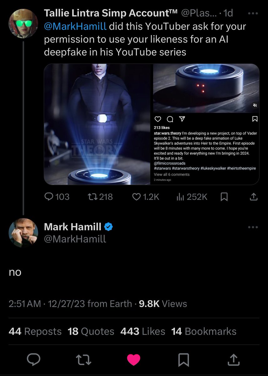Mark Hamill publicly confirming that Star Wars Theory’s deepfake of him was done without permission has to be one of the Top 10 funniest things I’ve seen on this website
