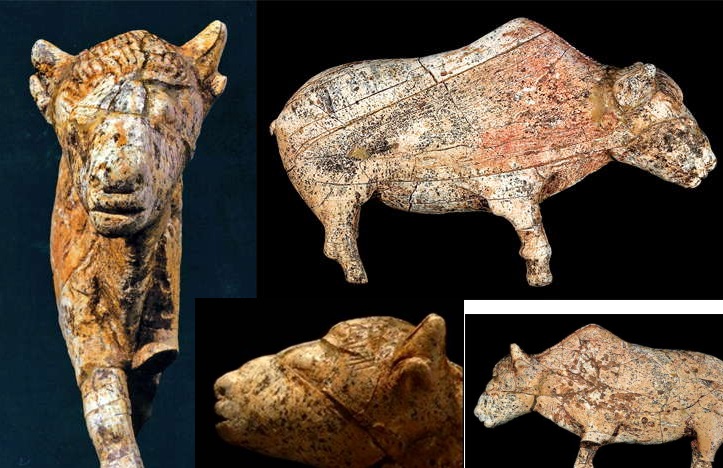 Fotografía de una representación zoomorfa de Zaraysk (Rusia). Temática: Bisonte. Técnica: Tallado. Material: Marfil de mamut. Contexto cultural: Gravetiense. Cronología: 22.000/23.000 años. Se caracteriza por su estilo naturalista. La estatuilla tiene unos diez centímetros de