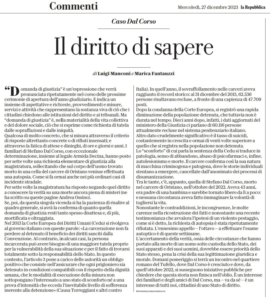gabriele_sorba's tweet photo. Domanda di #giustizia. La vicenda di Stefano #DalCorso. Il #carcere e la sua natura criminogena e patogena, nell'articolo di @LuigiManconi1 e Monica Fantauzzi su Repubblica.
#rassegnastampa https://t.co/kl6KfyiiTF