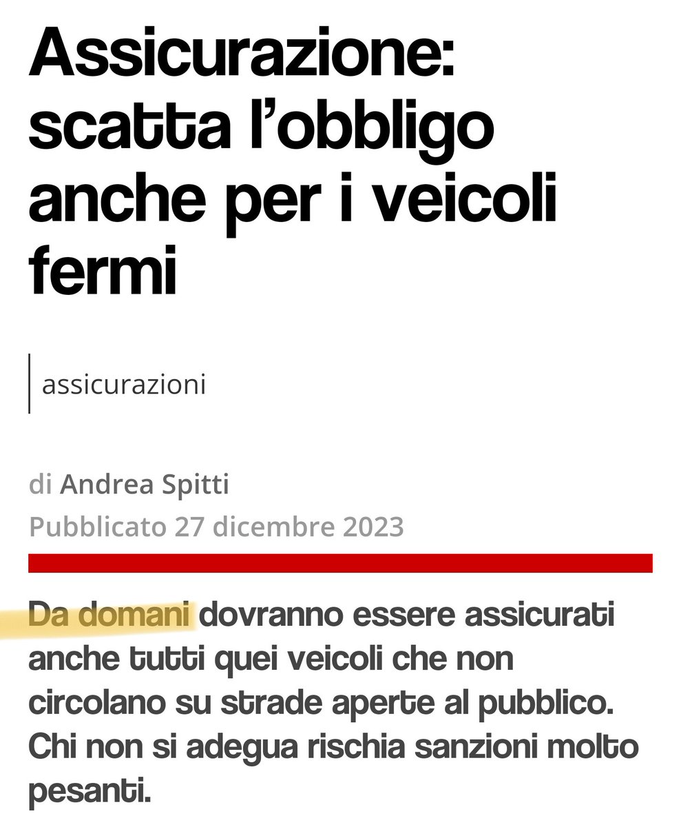🔴🚗 DA DOMANI, IN VIGORE L'OBBLIGO ASSICURATIVO PER VEICOLI FERMI.

Il d. lgs. 184/2023 obbliga ad assicurare per la responsabilità civile verso terzi anche i veicoli fermi o parcheggiati in aeree private.

Viene di fatto eliminata la possibilità di non assicurare i veicoli che