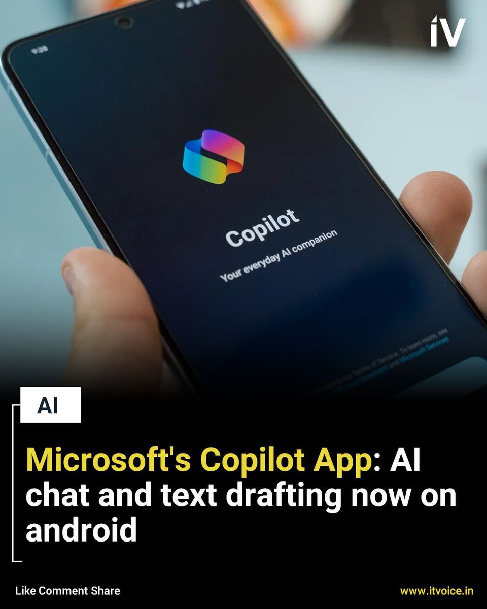 itvoice's tweet image. Microsoft&apos;s Copilot app hits Android! 🤖 Features chatbot, DALL-E 3 image gen, and GPT-4 access. No iOS version yet. Copilot moves standalone. Your take on this AI-powered app for Android? 👇 #MicrosoftCopilot #AIonAndroid #GPT4 #TechNews