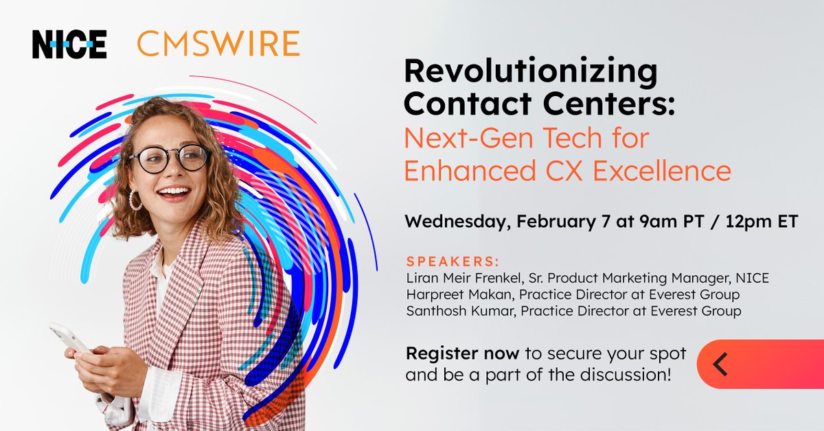 Jstoyano's tweet photo. Contact centers face the challenge of delivering excellence within budget constraints while adapting to shifting employee expectations.
Learn how next-gen tech can turn your contact center into an advanced CX hub.

Join @NICELtd &amp; @cmswire. Register now. > https://t.co/ngDWE1PbKE https://t.co/007QCEVwjD