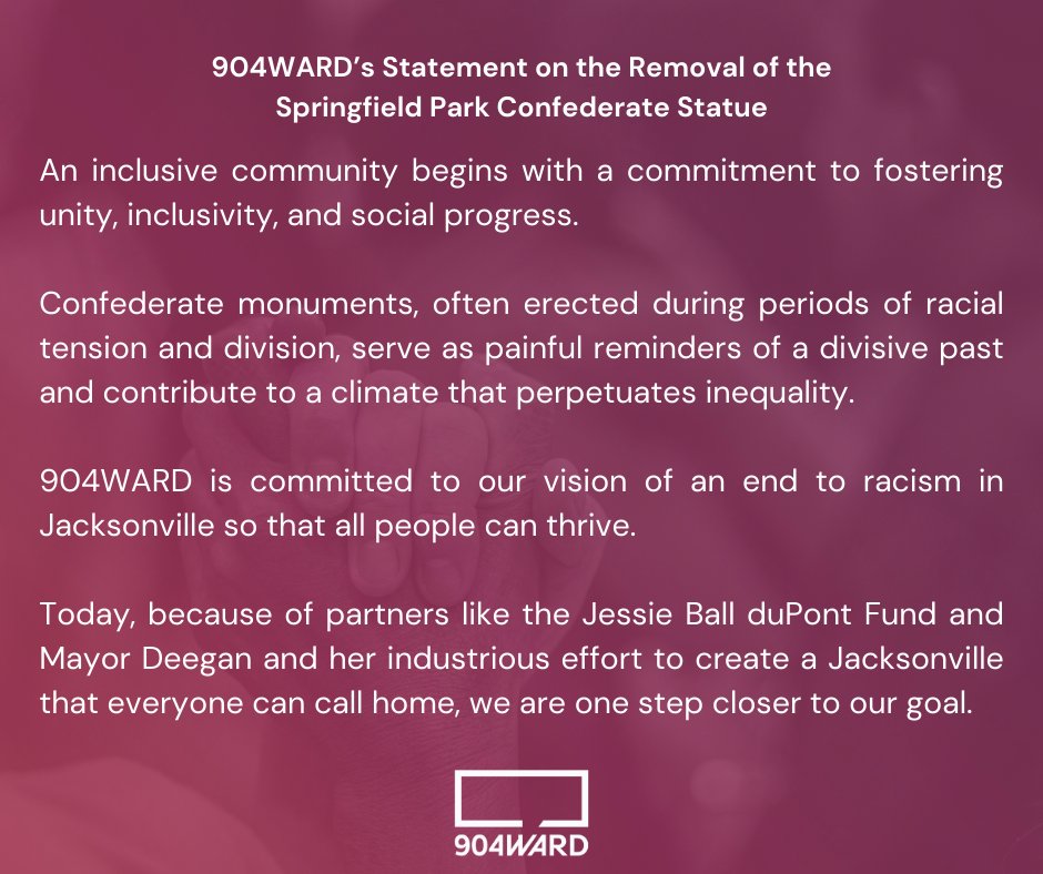 904WARD’s Statement on the Removal of the Springfield Park Confederate Statue: An inclusive community begins with a commitment to fostering unity, inclusivity, and social progress. Confederate monuments, often erected during periods of racial tension and division, serve as
