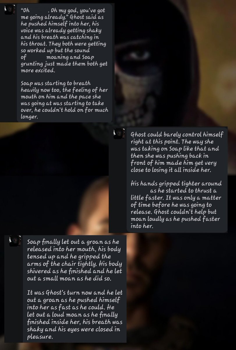 🔞 NSFW

(Not that explicit, but was fun to do)

Spit roasted by Ghost and Soap

#nsfw #soapghost #Soap #soapmactavish #GhostSoap #SimonRiley  #ghost