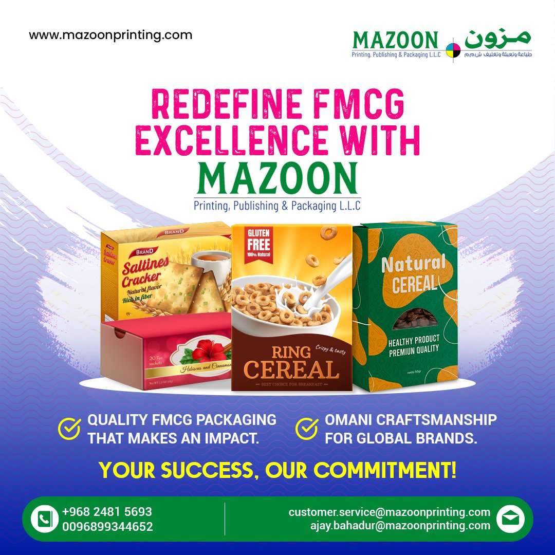 Mazoon Printing, Publishing & Packaging LLC brings excellence to your brand through top-notch FMCG Packaging! As an Omani company, we blend quality, innovation, and timely delivery to redefine your brand's success.